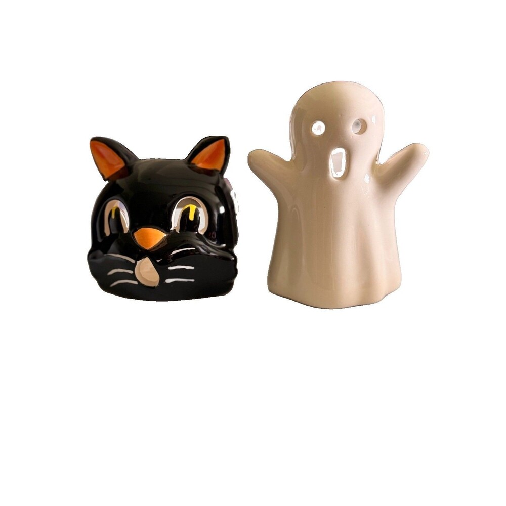 Lot Of 2 Halloween Tealight Candle Holders Black Cat & Ghost Figurine